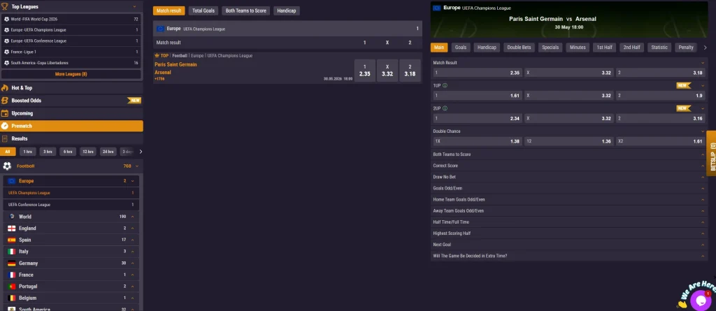 SpinKings24 Casino football betting section with live odds and match markets
