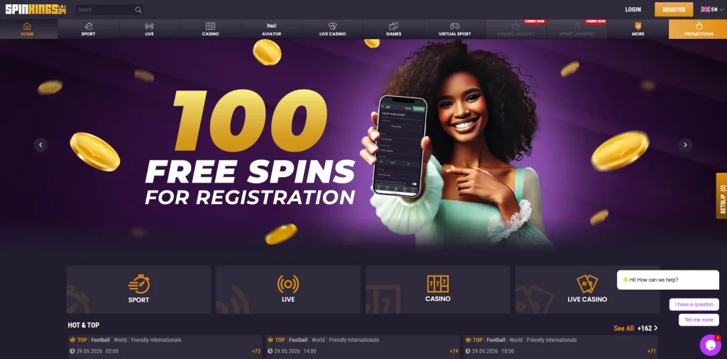 SpinKings24 Casino homepage with 100 free spins registration banner and casino sections