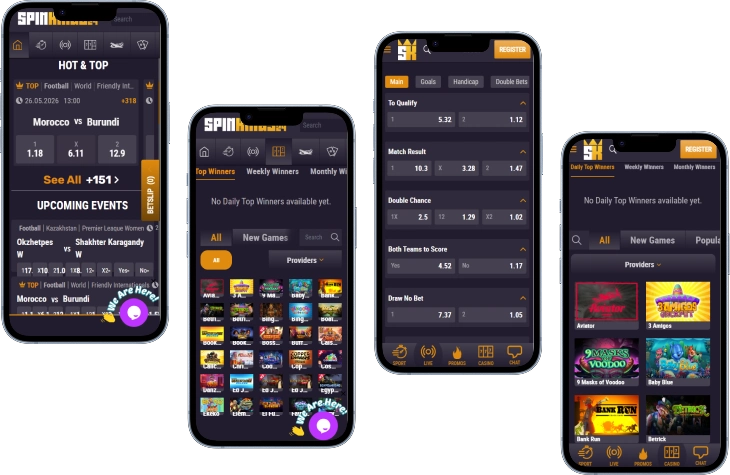 SpinKings24 Casino mobile interface with sportsbook, slots and live betting sections