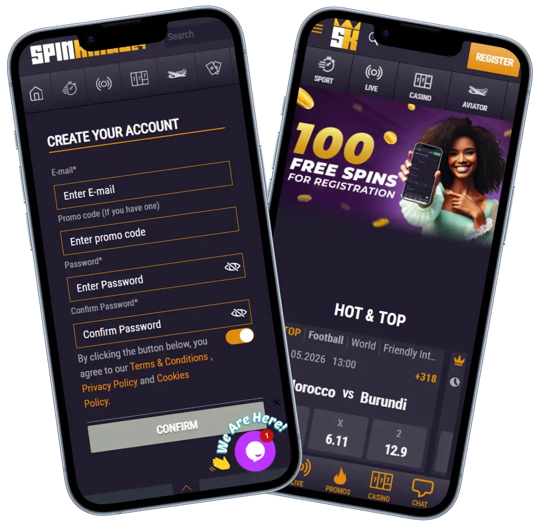 SpinKings24 Casino mobile registration form and sportsbook homepage on smartphones